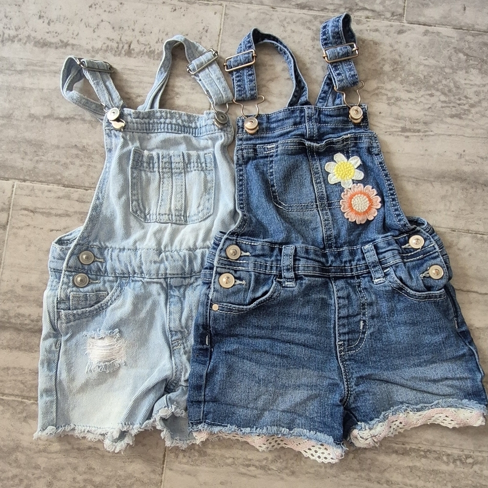 wonder nation Light Blue & Dark Blue Girls Denim Short Overalls Bundle Two